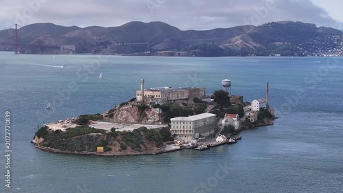 Aerial view of cityscape of Alcatraz Island in San Francisco downtown, California, USA