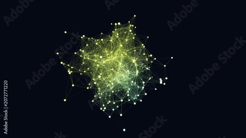Hypnotic seamless loop of a glowing neon cyan neural network of sphere nodes firing and connecting in a seamless plexus with an elegant inner glow.