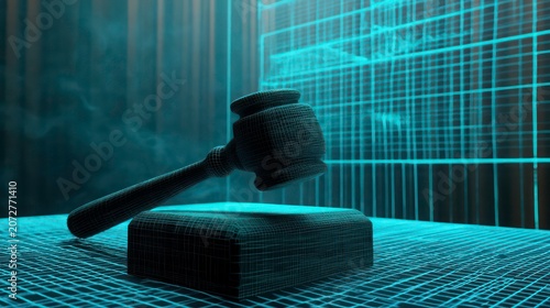 Gavel resting on a sound block with a digital backdrop in a courtroom setting