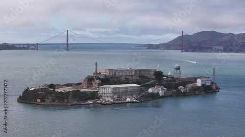 Aerial view of cityscape of Alcatraz Island in San Francisco downtown, California, USA