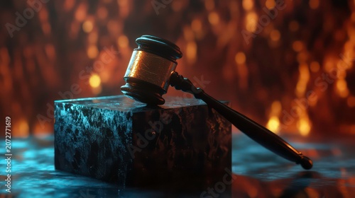 Gavel resting on a sound block with a digital backdrop in a courtroom setting