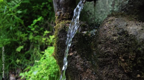 Cinematic slow motion close-up of crystal clear spring water flowing over a moss-covered rock in a lush forest. Fresh water, vibrant greenery, and natural textures create a peaceful atmosphere 