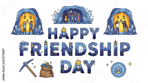 Fotografie Happy Friendship Day: A vibrant illustration celebrating friendship with glowing crystals, mining elements, and joyful figures, conveying a message of camaraderie and shared adventure
