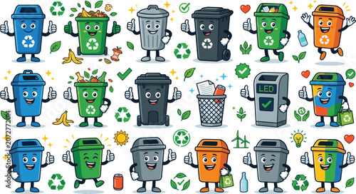 Recycling bin mascot cartoon characters set with funny waste sorting containers for environmental ecology education concepts