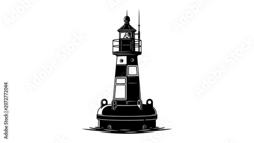 Konstfotografi Navigational Beacon: A stark black and white graphic illustration of a lighthouse or navigational buoy, featuring a prominent tower with light and a sturdy, round base