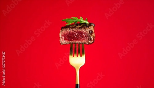 Cooked beef steak with green herb garnish on fork