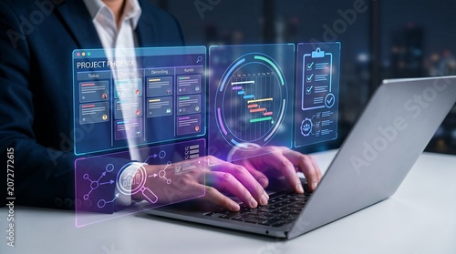 project management dashboard and task scheduling concept. businessman works on laptop with interactive gantt chart, project phoenix timeline, automated checklist, and workflow optimization tools.

