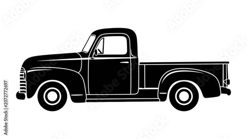 Fotografi Vintage Pickup Truck Silhouette: A classic black pickup truck, rendered in a stark silhouette, evokes a sense of retro Americana and rugged utility