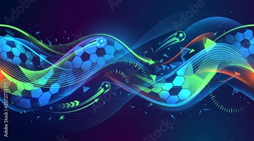 Dynamic Abstract Football Motion Background with Flowing Waves and Soccer Balls, Perfect for Sports-Themed Designs and Futuristic Visuals