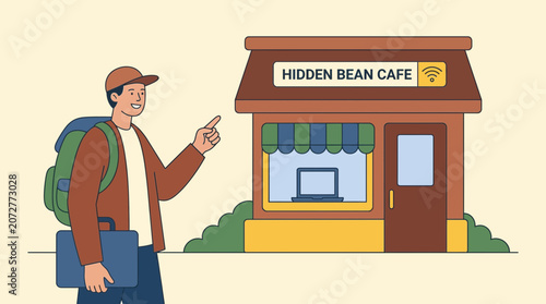 Canvas Print Nomad Discovering Hidden Local Cafe With Excellent WiFi for Work