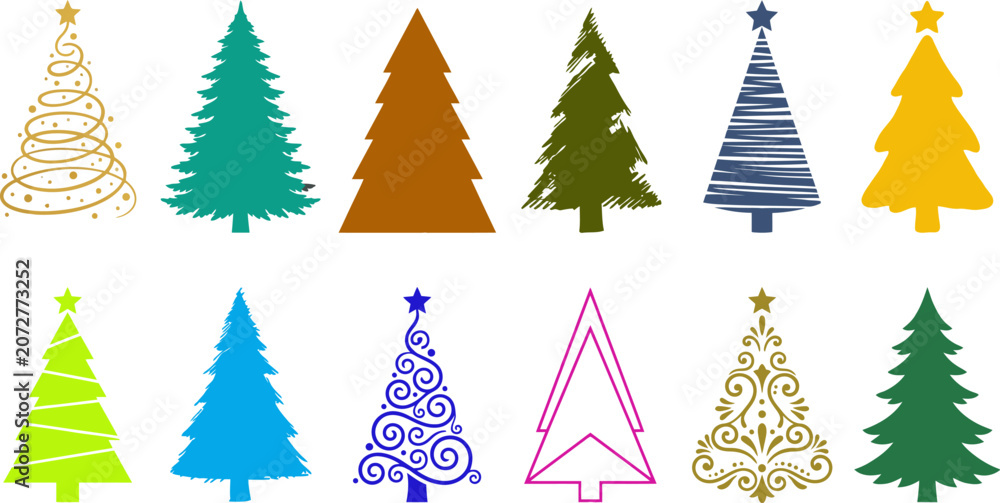 Obraz premium Set of christmas tree line art. Abstract linear christmas tree. Hand drawn christmas trees doodle. Minimalist and elegant christmas ornament. Vector illustration