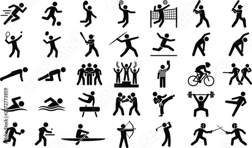 Sports pictograms and athletic stick figures set representing summer games disciplines and physical fitness activities.