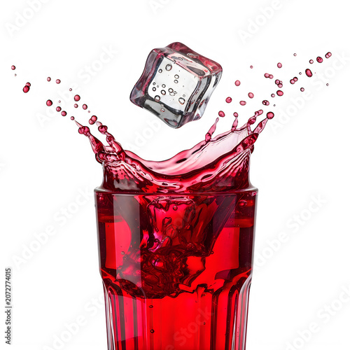 Ice cube splashing into a glass of red liquid drink