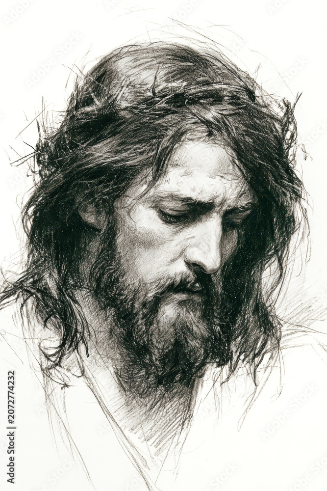 Fototapeta premium Close-up sketch of Jesus Christ with long hair and a beard, wearing a crown of thorns and looking down with a sad expression. The background is white