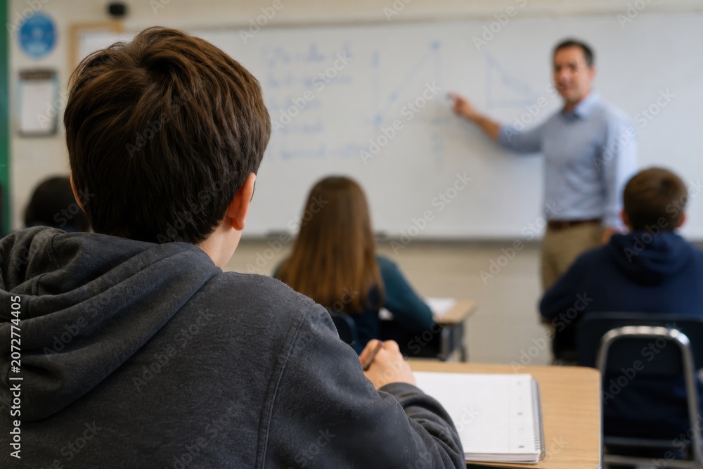 Fototapeta premium Middle school student listens to male teacher explaining math on white board