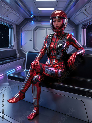 Woman in futuristic red chrome spacesuit