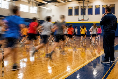 Physical education teacher observing students running across school gymnasium floor