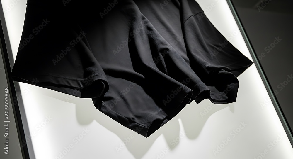 Naklejka premium A simple black cotton t-shirt draped elegantly over a sleek, backlit glass panel. Soft shadow play, minimalist aesthetic
