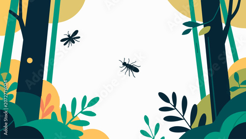 Flat vector illustration of rhinoceros beetles in a green forest