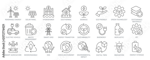 Fotografie Sustainable Technology outline vector icon set featuring renewable energy, solar panel, green technology, electric vehicle, smart grid, sustainability, circular economy, energy storage concepts