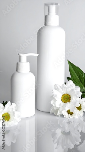 Cosmetic bottles with flowers and green leaves on reflective surface