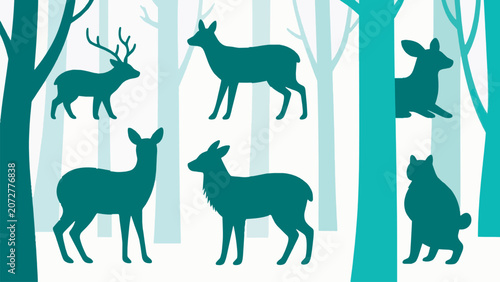 Flat vector illustration of wild animals in a stylized forest landscape