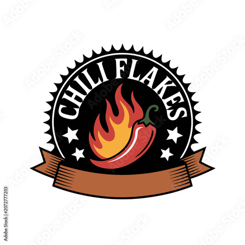 Chili flakes round label emblem with chili pepper illustration seasoning culinary