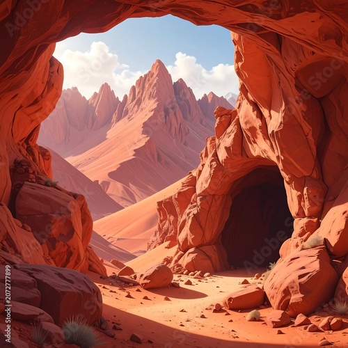 Desert cave entrance overlooking sandy arid landscape under blue sky