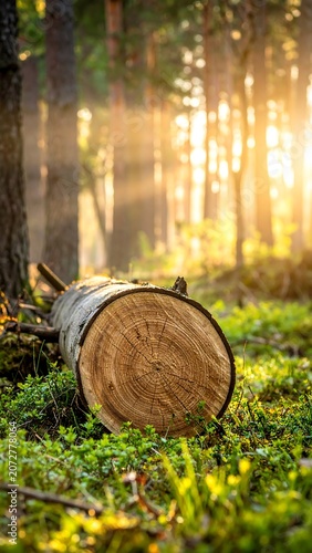 Felled tree trunk in sunlit forest floor natural light rays wood texture