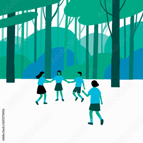 Children playing together in a forest, flat vector illustration
