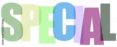 Foto Bold colorful word special rendered in overlapping transparent layers isolated o