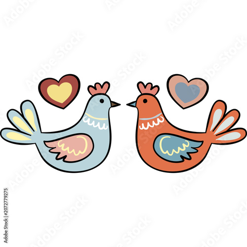 Charming Couple of Birds: Two stylized birds, one blue and one orange, face each other with hearts floating around them, conveying a sweet message of love and companionship.