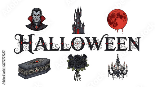 Foto Spooky Halloween Collection: A compilation of gothic Halloween imagery, featuring a vampire, a haunted castle, a blood moon, a coffin, black roses, a chandelier, and the word HALLOWEEN in ornate font