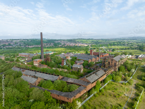 Chatterley Whitfield, Stoke on Trent, Staffordshire, England. Drone view of the iconic abandoned coal mine with historic headgear, showcasing Britain's industrial architecture, mining heritage