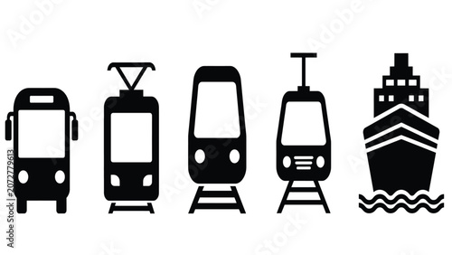 Set of black transport icons featuring bus, tram, train, subway, and ship silhouettes for travel and logistics design Vector