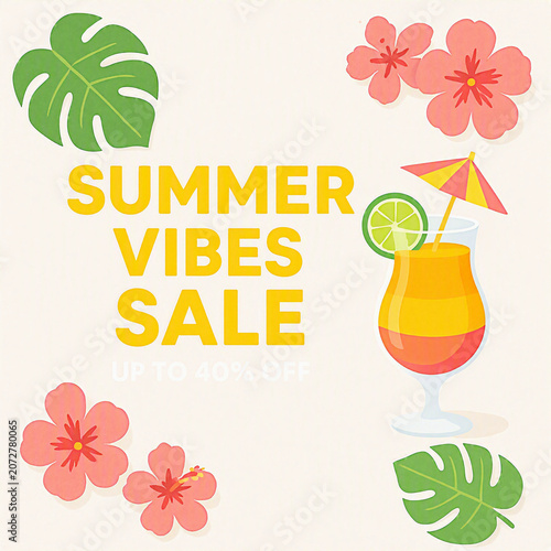 Tropical Summer Vibes Sale Retail Banner Graphic with Cocktail and Hibiscus