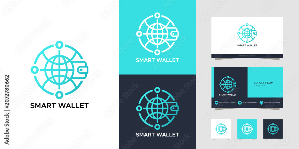 Fototapeta premium A modern minimalist logo design featuring a globe and wallet icon within a circular network, symbolizing global digital finance and smart payment solutions, shown with business card mockups.