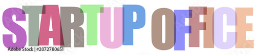 Colorful overlapping letters spelling startup office in modern typography style