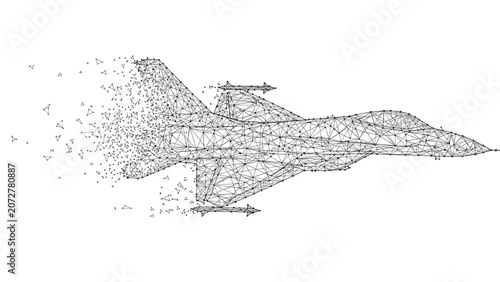 Abstract Low Poly Fighter Jet Aircraft Wireframe Disintegrating into Particles on White Background 3D Illustration