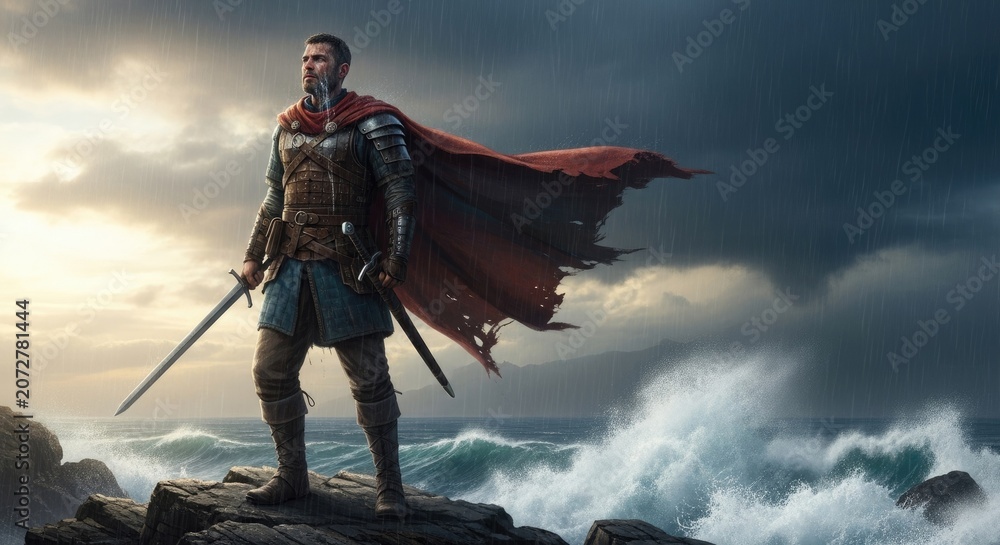 Obraz premium Medieval knight in armor standing on rocks by sea.