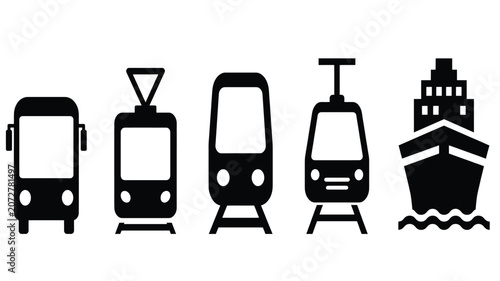 Set of black transportation icons including bus, tram, train, subway and ship for travel and public transit design projects Vector