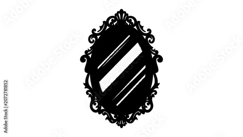 Εκτύπωση καμβά Ornate Mirror Silhouette: A decorative, vintage-style mirror with an elaborate frame is depicted as a black silhouette against a clean white background, reflecting light