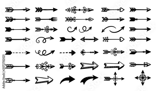 Foto Black vintage hand drawn arrow collection with decorative directional elements c