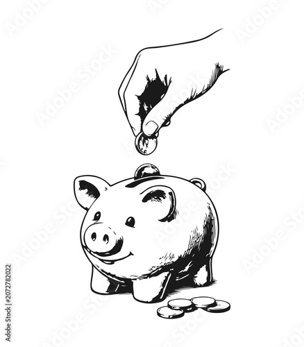 Simple hand drawn hand putting coin in piggy bank sketch, engraved money savings illustration.