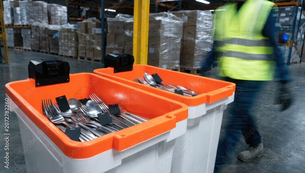 Fototapeta premium Medium shot showing RFIDtagged cutlery items inside sensorequipped bins capturing realtime inventory data in a busy warehouse setting.