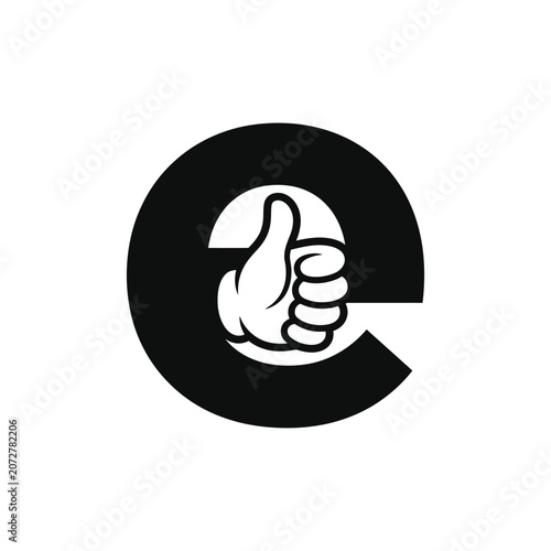 Black letter e with thumbs up gesture logo.