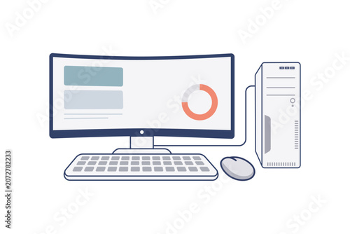Desktop computer workstation with monitor, keyboard, mouse and system unit isolated on transparent background. Modern technology equipment and office workspace illustration.