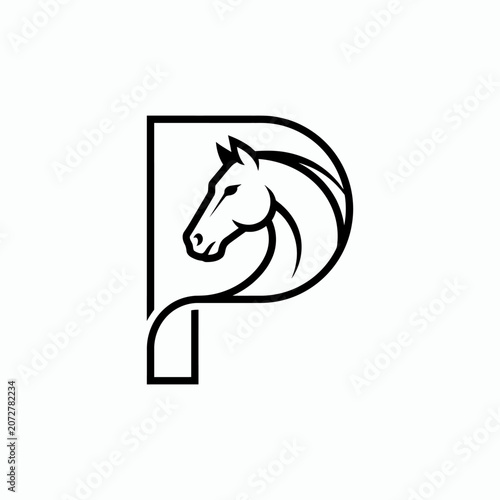 Black letter P horse head outline logo design.