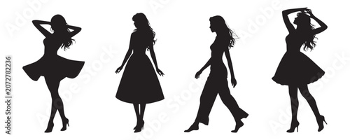 Elegant women fashion silhouette set isolated on transparent background. Stylish female models in different poses, beauty, glamour, clothing and fashion vector illustration collection.