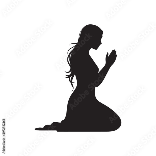 Kneeling woman praying silhouette isolated on transparent background. Spiritual pose, worship gesture, faith, prayer, devotion, religion, meditation, peaceful female figure vector illustration.